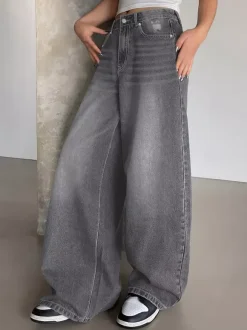 High Rise Baggy Skater Jeans For Women - Distressed Wide Leg Puddle Pants - Spring Daily Streetwear 2026