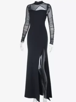 High Slit Mesh Sleeve Women Maxi Dress - Sexy Open Back Slim Black Bodycon - Goth Core Party Night Outfit 2026