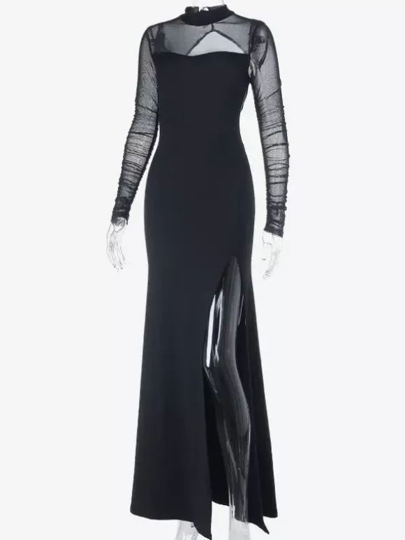 High Slit Mesh Sleeve Women Maxi Dress - Sexy Open Back Slim Black Bodycon - Goth Core Party Night Outfit 2026