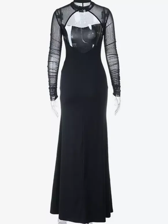 High Slit Mesh Sleeve Women Maxi Dress - Sexy Open Back Slim Black Bodycon - Goth Core Party Night Outfit 2026