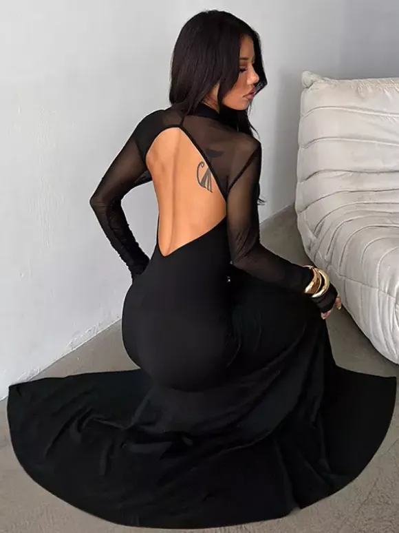 High Slit Mesh Sleeve Women Maxi Dress - Sexy Open Back Slim Black Bodycon - Goth Core Party Night Outfit 2026