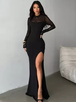 High Slit Mesh Sleeve Women Maxi Dress - Sexy Open Back Slim Black Bodycon - Goth Core Party Night Outfit 2026