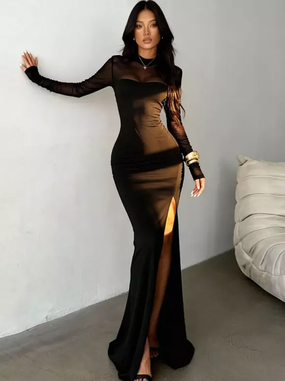 High Slit Mesh Sleeve Women Maxi Dress - Sexy Open Back Slim Black Bodycon - Goth Core Party Night Outfit 2026