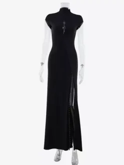 High Slit Mock Neck Slim Fit Maxi Gown Dress For Women 2026