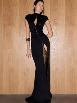 High Slit Mock Neck Slim Fit Maxi Gown Dress For Women 2026