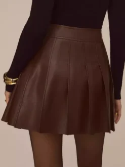 High Waist Chocolate Faux Leather Knife Pleat Mini Skirt For Women 2026