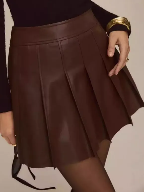 High Waist Chocolate Faux Leather Knife Pleat Mini Skirt For Women 2026