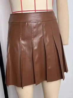 High Waist Chocolate Faux Leather Knife Pleat Mini Skirt For Women 2026