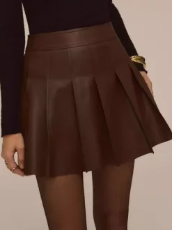High Waist Chocolate Faux Leather Knife Pleat Mini Skirt For Women 2026