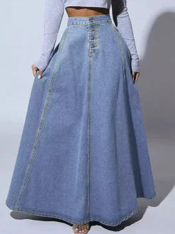 High Waisted Paneled Denim Maxi Skirt For Women - Blue Boho A-Line Flared Long Skirt With Buttons - Spring Casual Streetwear 2026