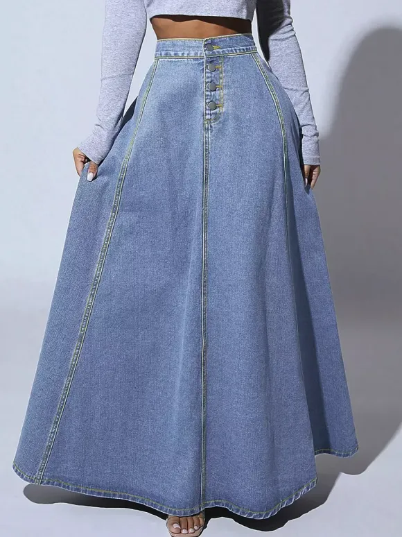 High Waisted Paneled Denim Maxi Skirt For Women - Blue Boho A-Line Flared Long Skirt With Buttons - Spring Casual Streetwear 2026