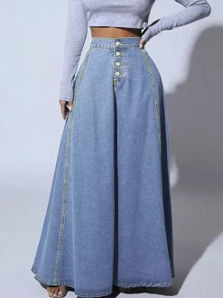High Waisted Paneled Denim Maxi Skirt For Women - Blue Boho A-Line Flared Long Skirt With Buttons - Spring Casual Streetwear 2026