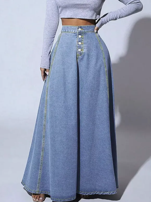 High Waisted Paneled Denim Maxi Skirt For Women - Blue Boho A-Line Flared Long Skirt With Buttons - Spring Casual Streetwear 2026