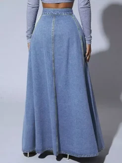 High Waisted Paneled Denim Maxi Skirt For Women - Blue Boho A-Line Flared Long Skirt With Buttons - Spring Casual Streetwear 2026