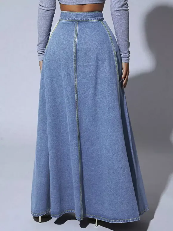 High Waisted Paneled Denim Maxi Skirt For Women - Blue Boho A-Line Flared Long Skirt With Buttons - Spring Casual Streetwear 2026