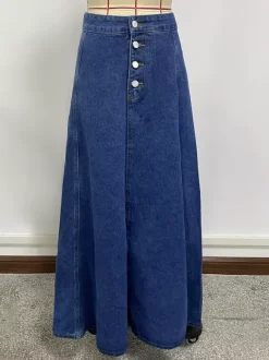 High Waisted Paneled Denim Maxi Skirt For Women - Blue Boho A-Line Flared Long Skirt With Buttons - Spring Casual Streetwear 2026