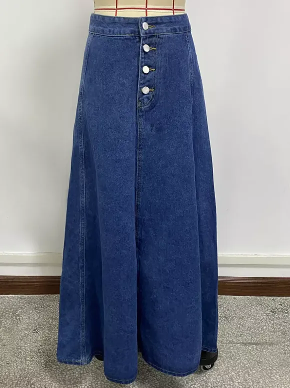 High Waisted Paneled Denim Maxi Skirt For Women - Blue Boho A-Line Flared Long Skirt With Buttons - Spring Casual Streetwear 2026