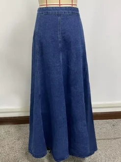 High Waisted Paneled Denim Maxi Skirt For Women - Blue Boho A-Line Flared Long Skirt With Buttons - Spring Casual Streetwear 2026