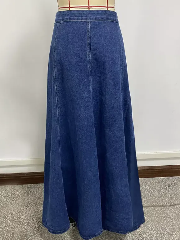 High Waisted Paneled Denim Maxi Skirt For Women - Blue Boho A-Line Flared Long Skirt With Buttons - Spring Casual Streetwear 2026