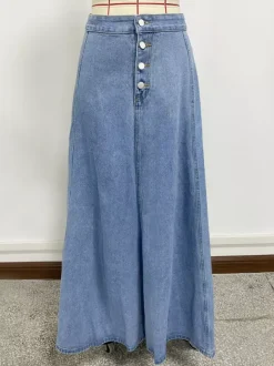 High Waisted Paneled Denim Maxi Skirt For Women - Blue Boho A-Line Flared Long Skirt With Buttons - Spring Casual Streetwear 2026