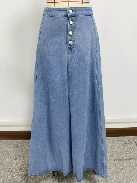 High Waisted Paneled Denim Maxi Skirt For Women - Blue Boho A-Line Flared Long Skirt With Buttons - Spring Casual Streetwear 2026
