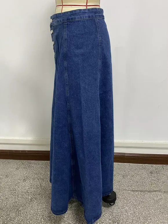 High Waisted Paneled Denim Maxi Skirt For Women - Blue Boho A-Line Flared Long Skirt With Buttons - Spring Casual Streetwear 2026