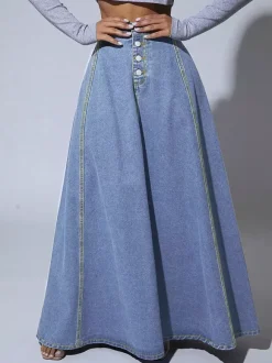 High Waisted Paneled Denim Maxi Skirt For Women - Blue Boho A-Line Flared Long Skirt With Buttons - Spring Casual Streetwear 2026