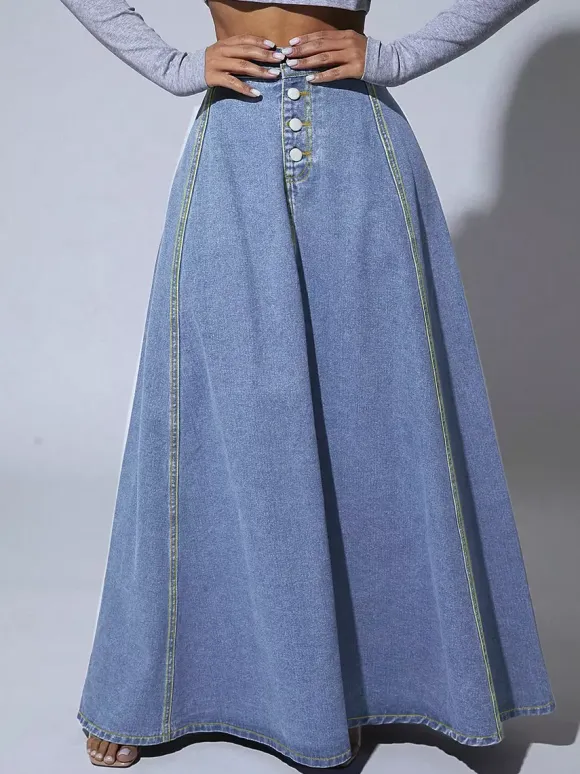 High Waisted Paneled Denim Maxi Skirt For Women - Blue Boho A-Line Flared Long Skirt With Buttons - Spring Casual Streetwear 2026