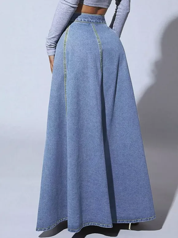 High Waisted Paneled Denim Maxi Skirt For Women - Blue Boho A-Line Flared Long Skirt With Buttons - Spring Casual Streetwear 2026