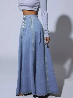 High Waisted Paneled Denim Maxi Skirt For Women - Blue Boho A-Line Flared Long Skirt With Buttons - Spring Casual Streetwear 2026