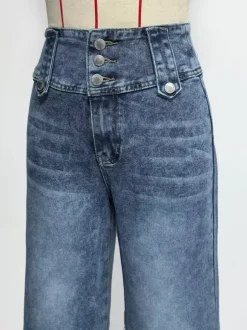 High Waisted Wide Leg Jeans For Women - Medium Blue Vintage Side Button Relaxed Denim Pants - Spring Chic Streetwear 2026