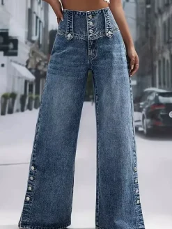 High Waisted Wide Leg Jeans For Women - Medium Blue Vintage Side Button Relaxed Denim Pants - Spring Chic Streetwear 2026