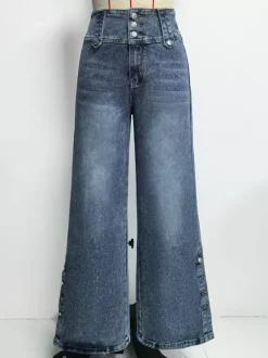 High Waisted Wide Leg Jeans For Women - Medium Blue Vintage Side Button Relaxed Denim Pants - Spring Chic Streetwear 2026