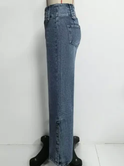 High Waisted Wide Leg Jeans For Women - Medium Blue Vintage Side Button Relaxed Denim Pants - Spring Chic Streetwear 2026