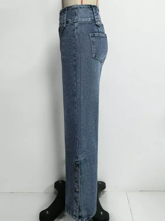 High Waisted Wide Leg Jeans For Women - Medium Blue Vintage Side Button Relaxed Denim Pants - Spring Chic Streetwear 2026