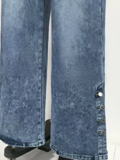 High Waisted Wide Leg Jeans For Women - Medium Blue Vintage Side Button Relaxed Denim Pants - Spring Chic Streetwear 2026