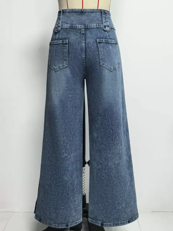 High Waisted Wide Leg Jeans For Women - Medium Blue Vintage Side Button Relaxed Denim Pants - Spring Chic Streetwear 2026
