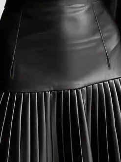 High Waist Faux Leather Accordion Pleat Flared Mini Skirt For Women 2026