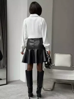 High Waist Faux Leather Ruffled Hem Mermaid Mini Skirt For Women 2026