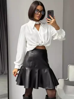 High Waist Faux Leather Ruffled Hem Mermaid Mini Skirt For Women 2026