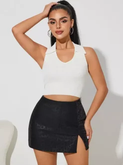 High Waist Faux Leather Side Slit Bodycon Mini Skirt For Women 2026