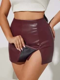 High Waist Faux Leather Side Slit Bodycon Mini Skirt For Women 2026