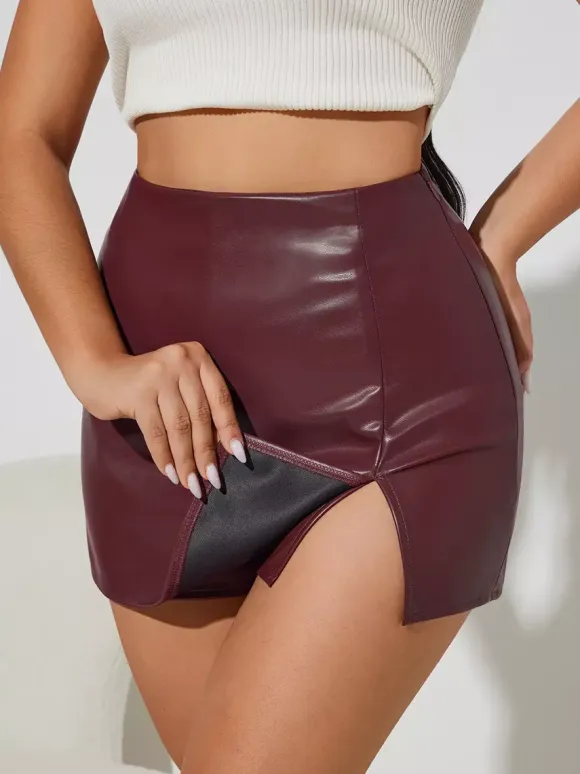 High Waist Faux Leather Side Slit Bodycon Mini Skirt For Women 2026