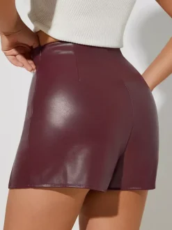 High Waist Faux Leather Side Slit Bodycon Mini Skirt For Women 2026