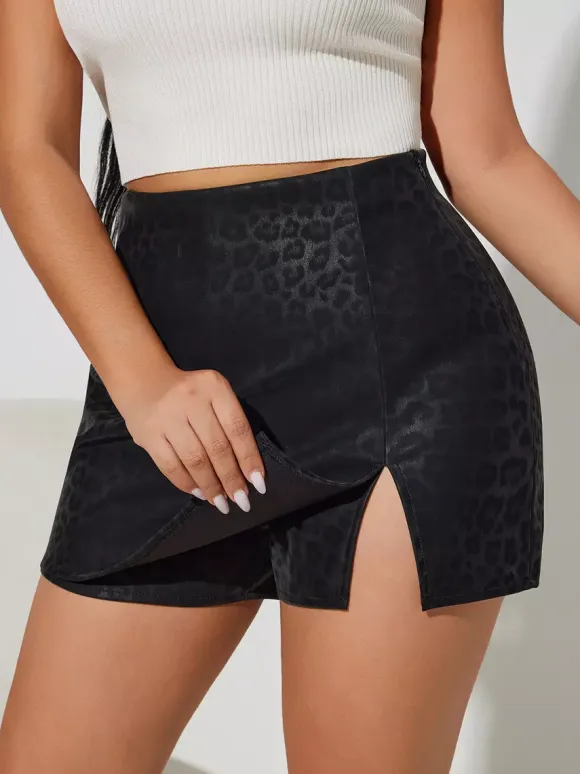High Waist Faux Leather Side Slit Bodycon Mini Skirt For Women 2026