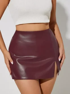High Waist Faux Leather Side Slit Bodycon Mini Skirt For Women 2026
