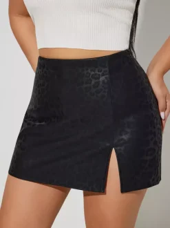High Waist Faux Leather Side Slit Bodycon Mini Skirt For Women 2026