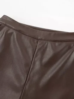 High Waist Faux Leather Wide Leg Pants Brown Straight Leg Casual Trousers