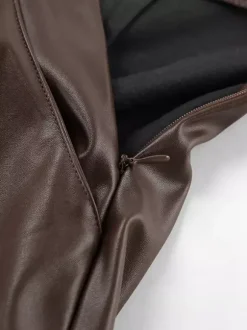 High Waist Faux Leather Wide Leg Pants Brown Straight Leg Casual Trousers