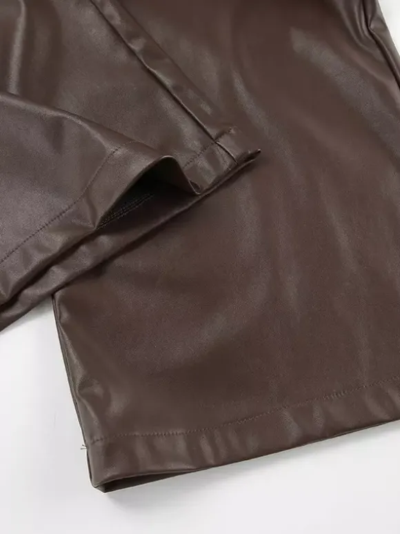High Waist Faux Leather Wide Leg Pants Brown Straight Leg Casual Trousers